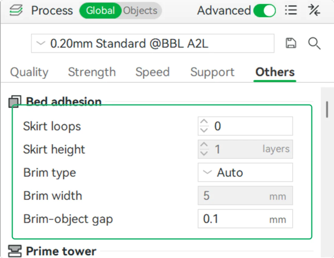 Bambu Studio process settings, Others tab, showing the Bed adhesion group: skirt loops 0, brim type Auto, brim width 5 mm, brim-object gap 0.1 mm.