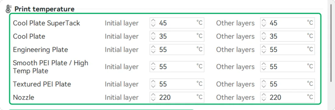 Bambu Studio filament settings showing a print temperature table with one bed temperature per plate type and the nozzle temperature.