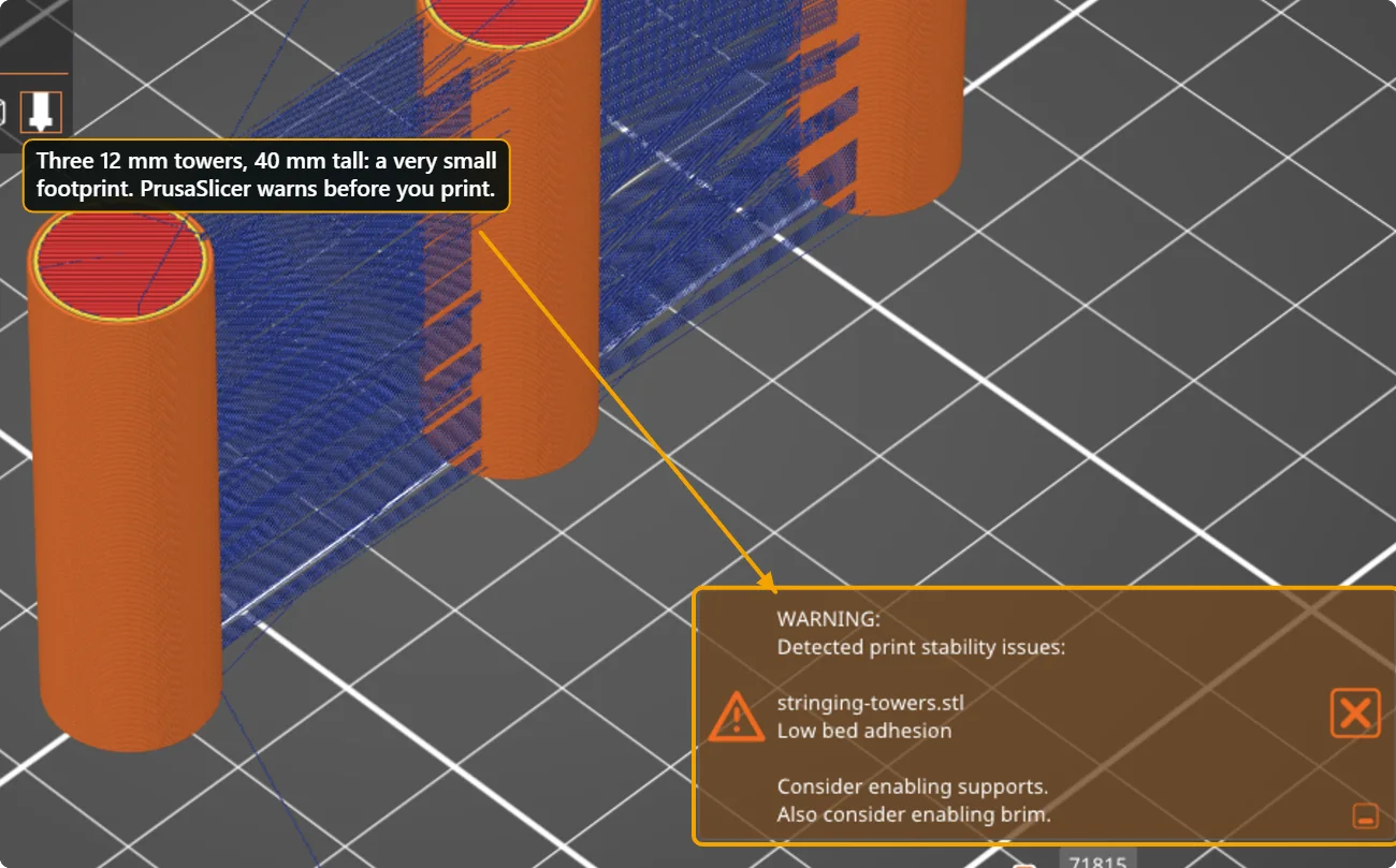 PrusaSlicer preview of three tall thin towers with a warning in the corner: Detected print stability issues, low bed adhesion, consider enabling supports, also consider enabling brim.
