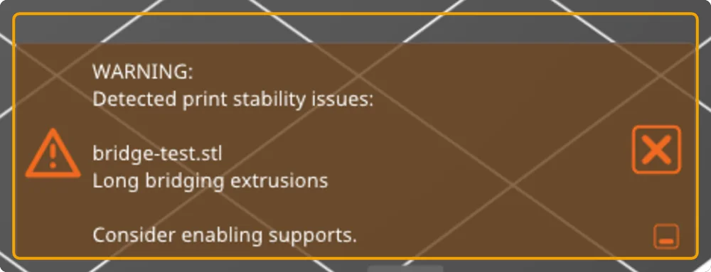 PrusaSlicer warning panel: bridge-test.stl, Long bridging extrusions, consider enabling supports.