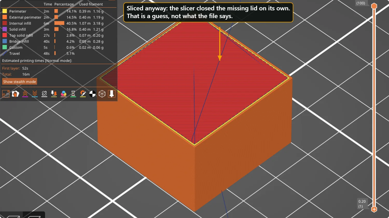 PrusaSlicer preview of the sliced open box with a solid top surface and a legend showing the time estimate.
