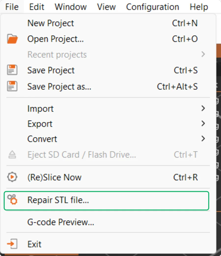 PrusaSlicer File menu with the item Repair STL file highlighted.