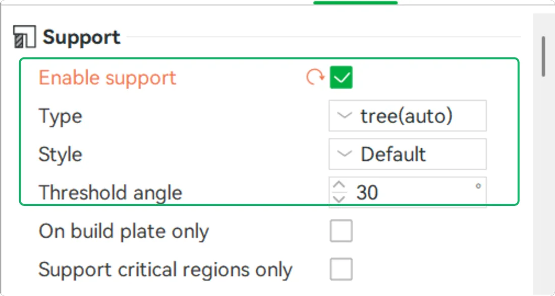 Bambu Studio process settings, Support tab: enable support checked, type tree(auto), style default, threshold angle 30 degrees.