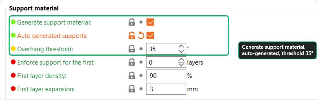 PrusaSlicer Print Settings, Support material page: generate support material checked, auto generated supports checked, overhang threshold 35 degrees.
