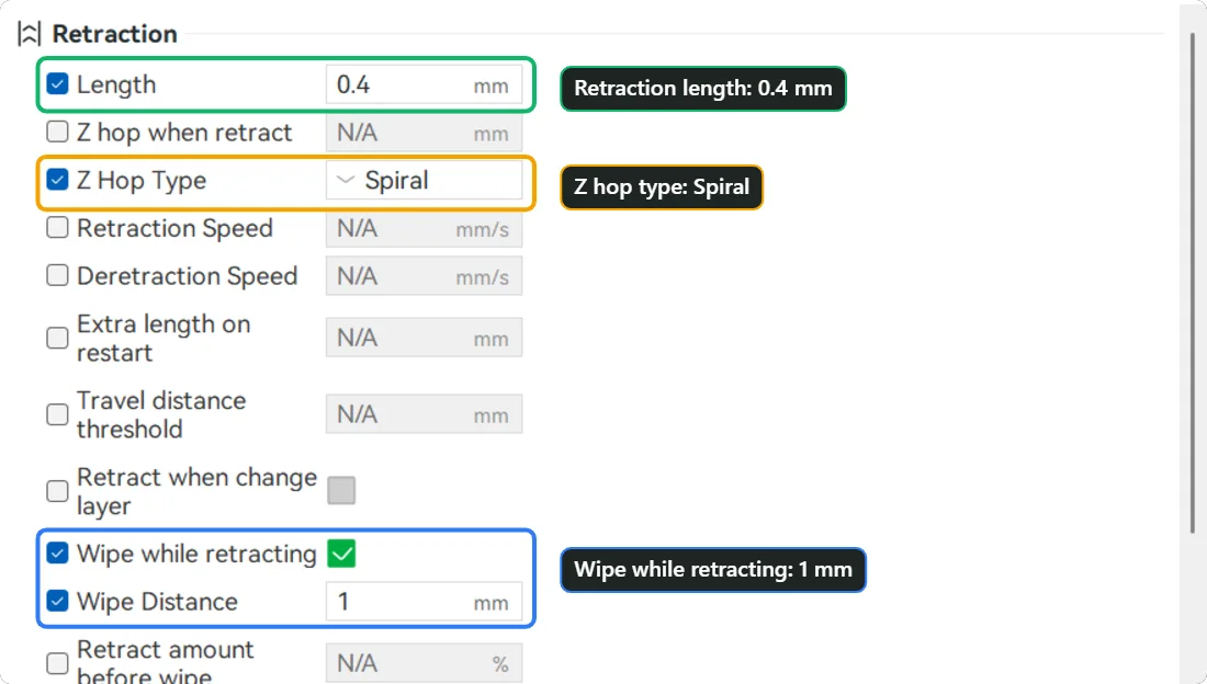 Bambu Studio filament settings, Setting Overrides tab: Retraction length 0.4 mm, Z hop type Spiral, Wipe while retracting with a wipe distance of 1 mm.