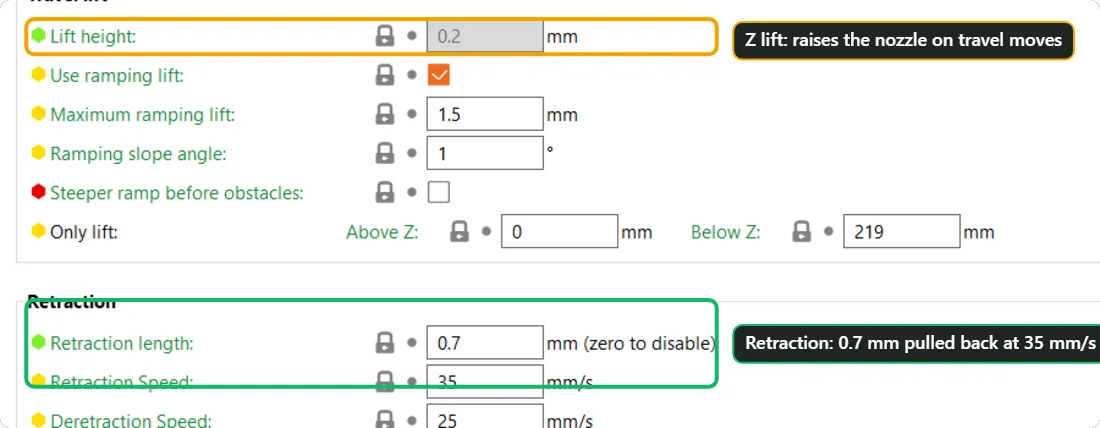 PrusaSlicer printer settings, Extruder 1 page, showing Travel lift height 0.2 mm, ramping lift, and Retraction length 0.7 mm at 35 mm per second.