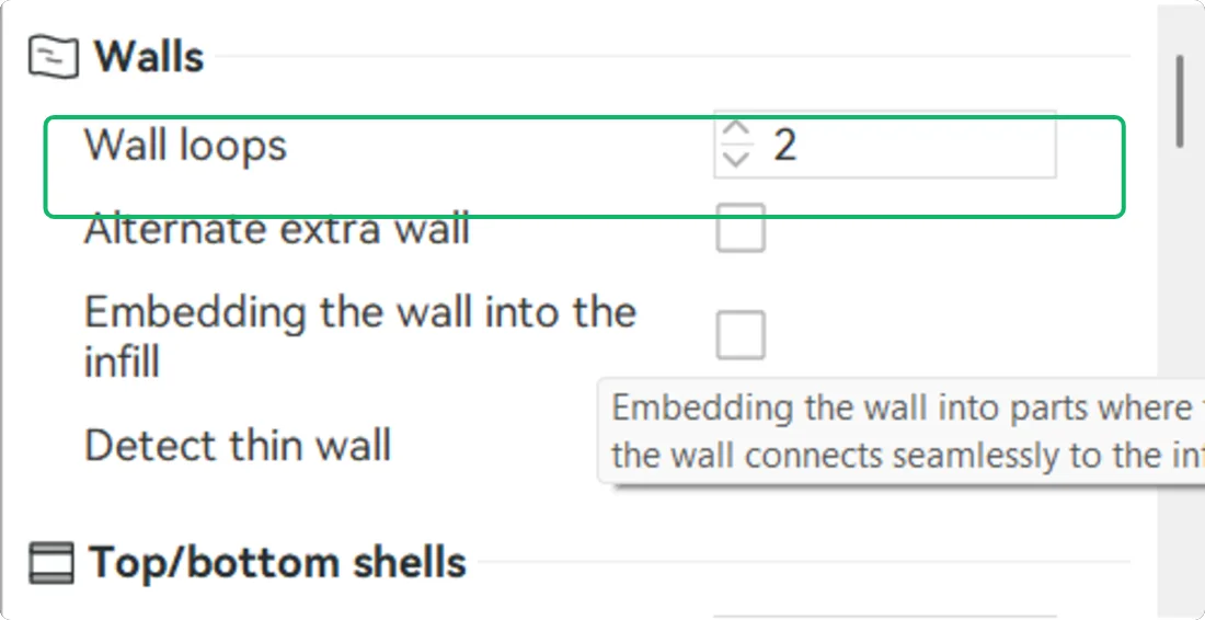Bambu Studio Strength tab showing the Walls group with Wall loops set to 2 and the Detect thin wall option below it.