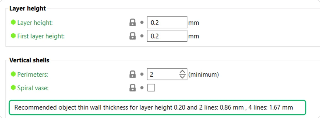 PrusaSlicer Print Settings, Layers and perimeters page, with the recommended thin wall thickness message for 2 and 4 lines highlighted.