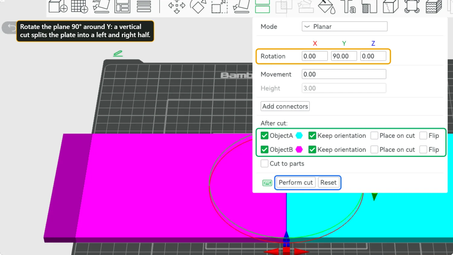Bambu Studio cut tool with rotation 0, 90, 0, the After cut options, and the Perform cut button highlighted. The plate is split into a pink half and a cyan half.
