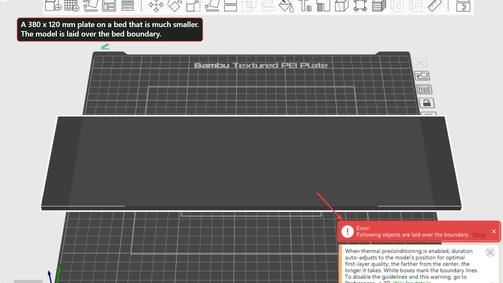 Bambu Studio showing a very long flat plate lying across the bed with a red error that says following objects are laid over the boundary.