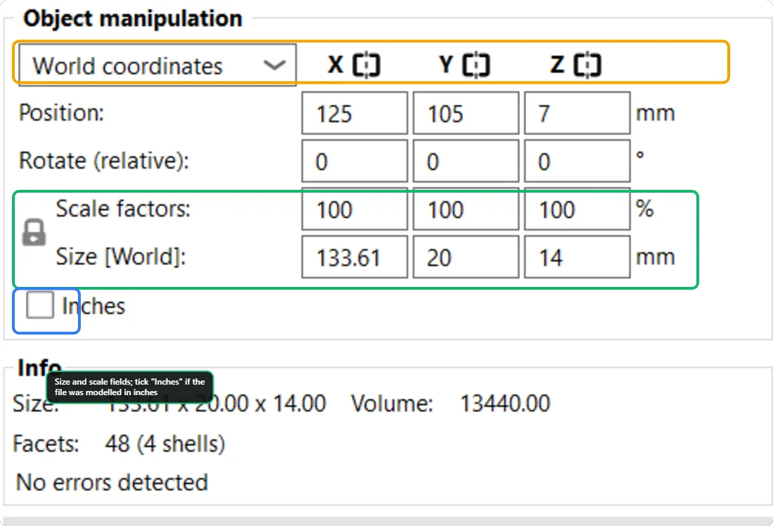 PrusaSlicer Object manipulation panel with position, rotation, scale factors, size in millimetres and an Inches checkbox.