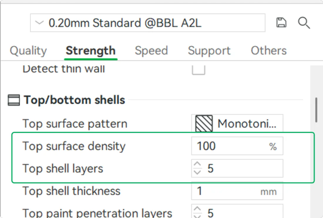 Bambu Studio Strength tab, Top and bottom shells: top surface density 100 percent, top shell layers 5, top shell thickness 1 millimetre.