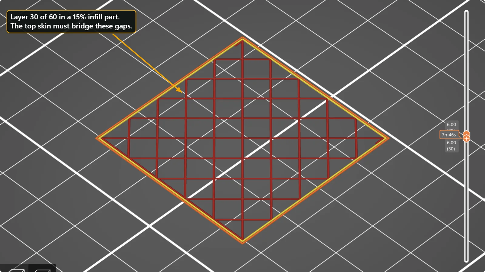 PrusaSlicer preview of layer 30 of 60 of a cube showing the grid infill with large empty squares that the top layers must bridge.