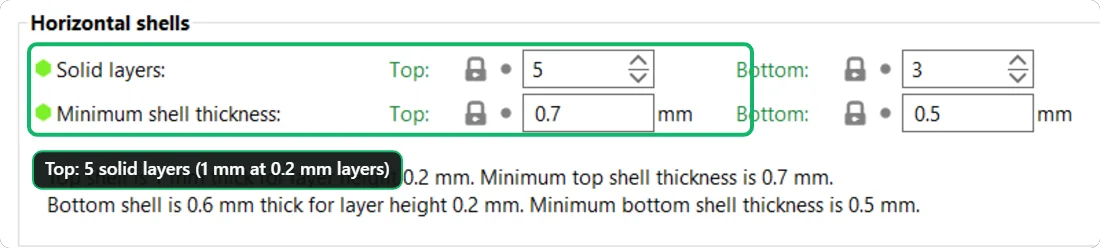 PrusaSlicer Layers and perimeters page, Horizontal shells group: solid layers top 5 and bottom 3, minimum shell thickness top 0.7 millimetres and bottom 0.5.