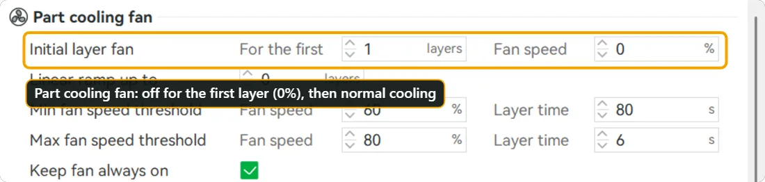 Bambu Studio filament settings, Cooling tab: initial layer fan for the first 1 layers at 0 percent fan speed.