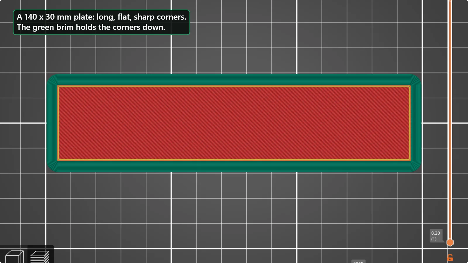 PrusaSlicer first-layer preview of a 140 by 30 millimetre plate with a green brim around it.