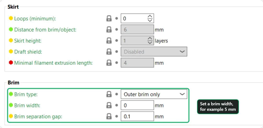 PrusaSlicer Print Settings, Skirt and brim page: skirt loops, distance from brim, brim type outer brim only, brim width, brim separation gap.