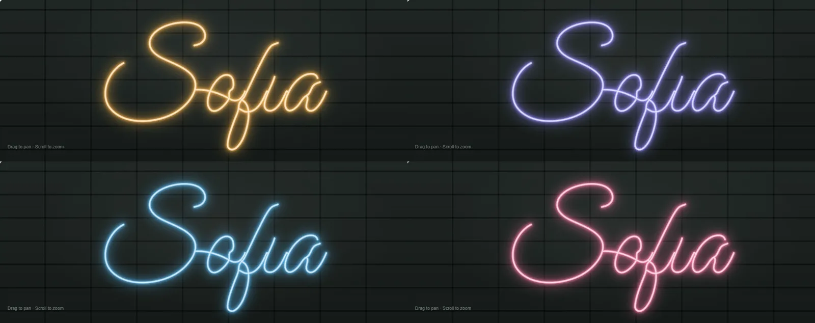 Four views of the same sign glowing in orange, purple, blue and pink on a dark wall.