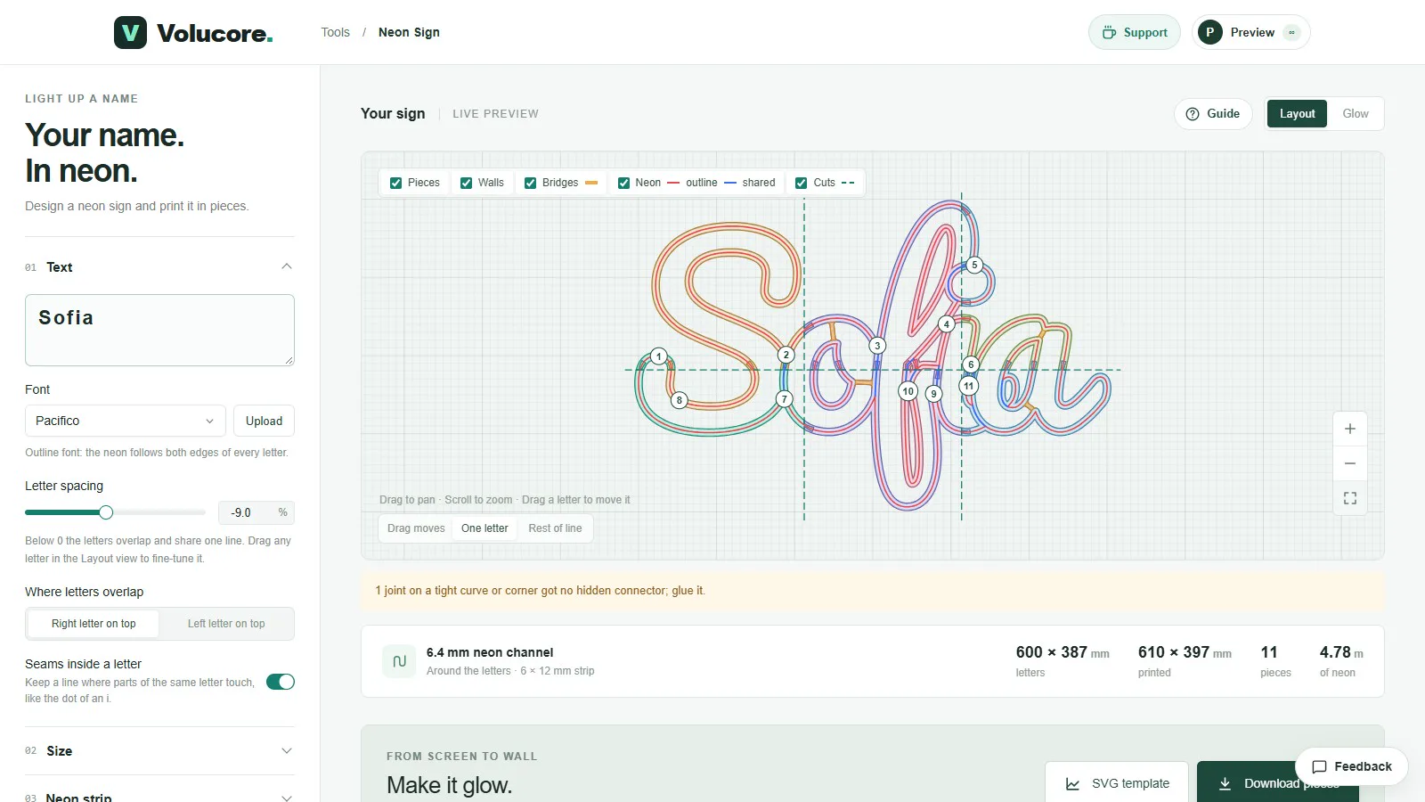 The layout view of Sofia in the Pacifico outline font, with two tubes around each letter.