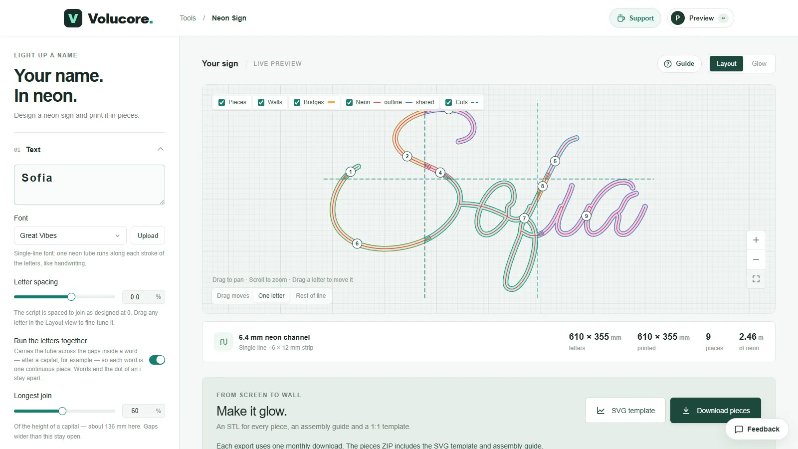 The layout view of Sofia in the Great Vibes single-line font with pieces numbered one to nine.