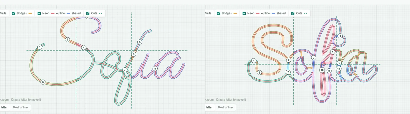 The word Sofia in a single-line script font on the left and in an outline font on the right.
