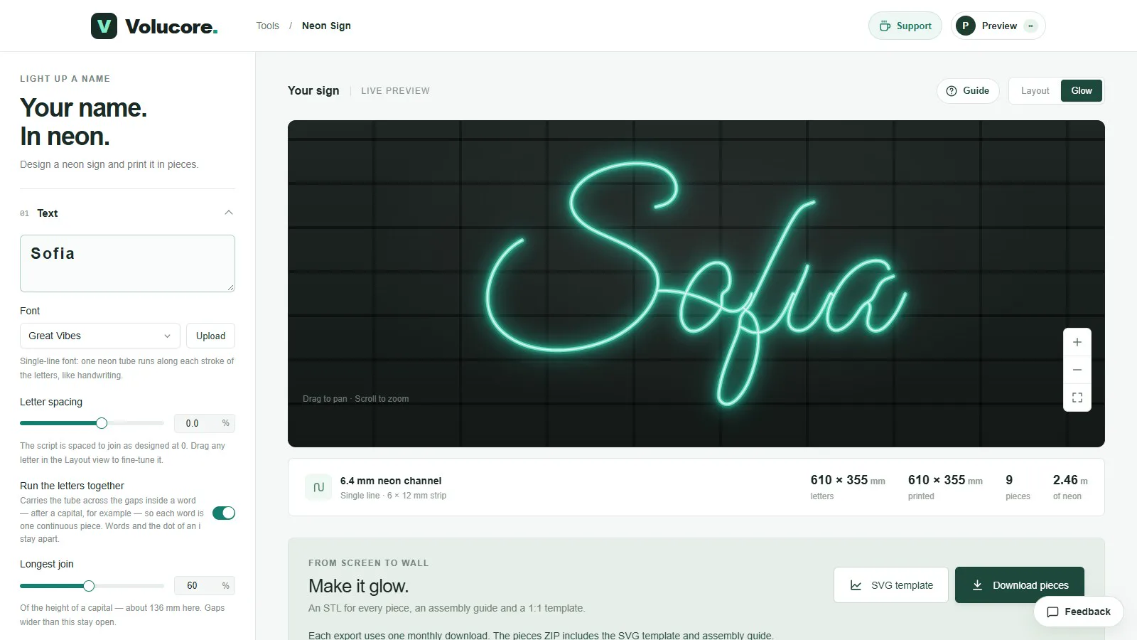 A teal neon sign glowing on a dark wall in the Neon Sign tool glow view.