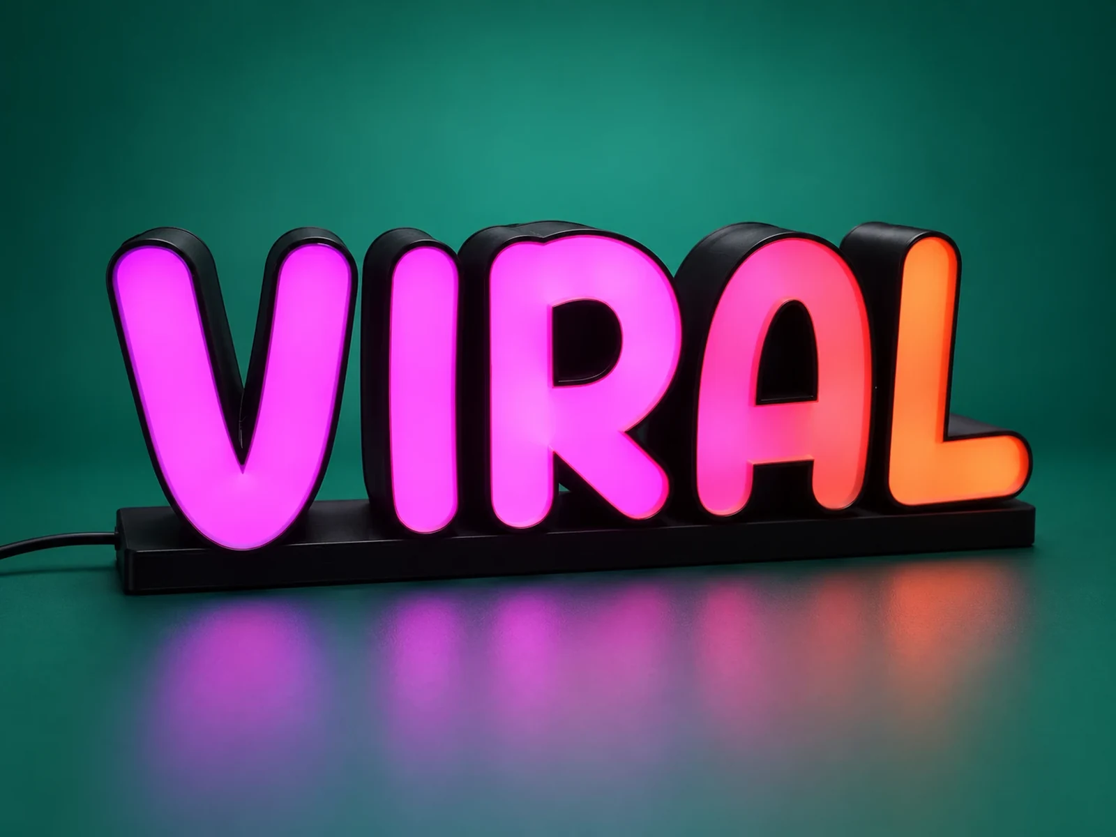 LED channel letters spelling VIRAL, glowing pink and orange on a black base.