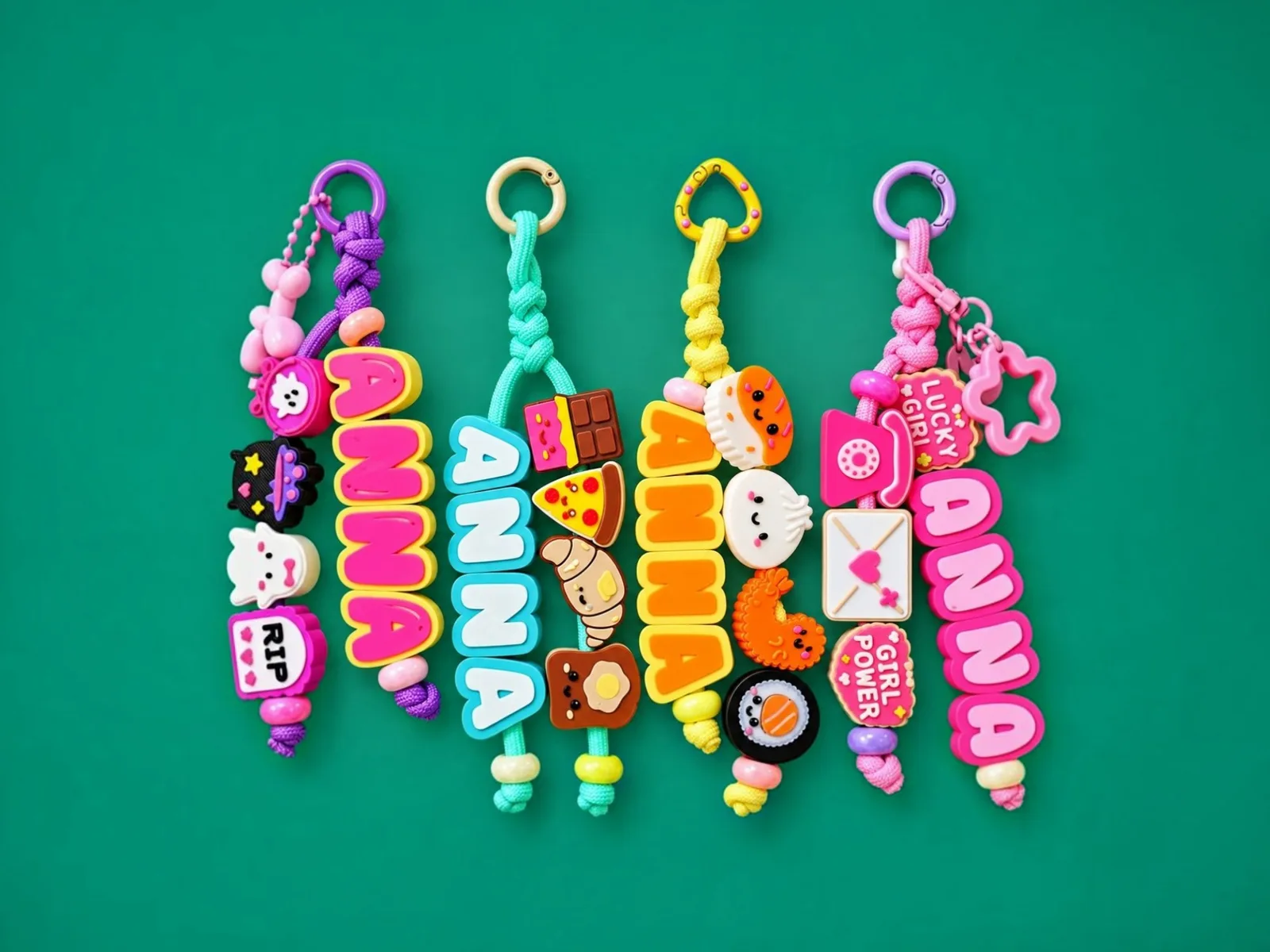 Four bag charms spelling ANNA in colorful 3D-printed letter beads with cute charms, on a green background.